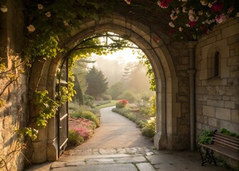 Fototapeta premium Sunlit Stone Archway Leading to a Garden Path