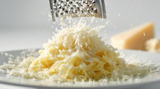 Grating parmesan cheese over pasta plate