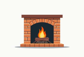 Fototapeta premium A cozy and classic brick fireplace with a warm, roaring fire, a perfect flat design icon symbolizing home comfort, warmth, and the winter season. 