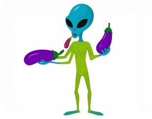 Funny Cartoon Alien Licking Giant Eggplant Emoji &ndash; Humorous Sci-Fi Pop Art Illustration