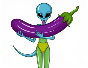 Funny Cartoon Alien Licking Giant Eggplant Emoji &ndash; Humorous Sci-Fi Pop Art Illustration