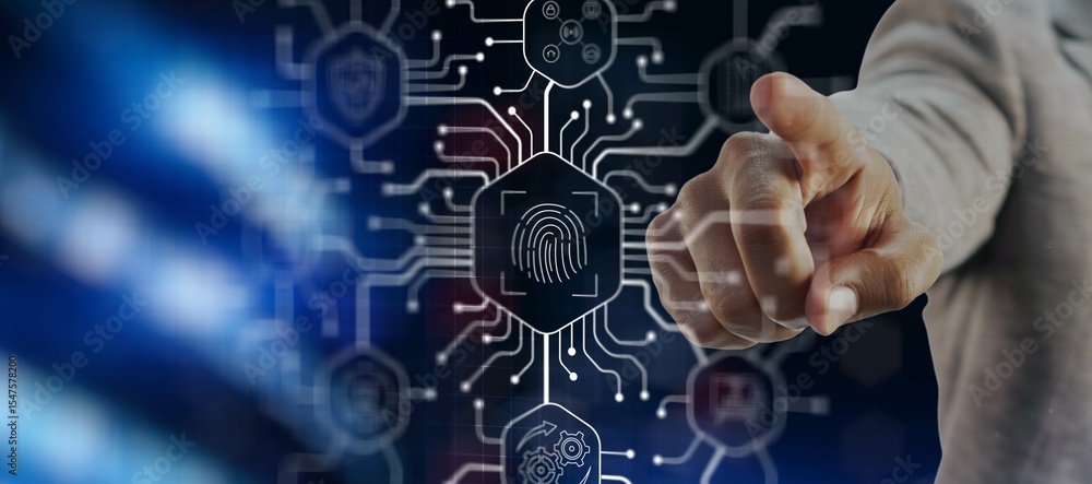 Aufkleber biometrics fingerprint concept. biometrics security with digital interface
