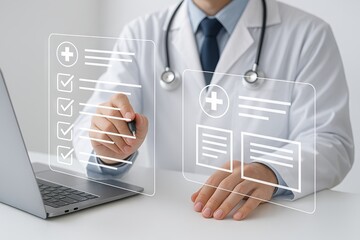 Doctor interacting with virtual records on laptop using pen in modern medical office. concept of healthcare technology, digital medical records, professional doctor