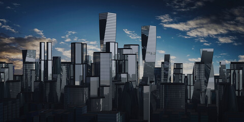 Many skyscrapers and sunset sky - 3D illustration
