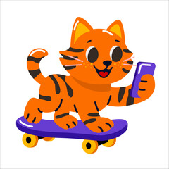 Cute orange cat riding a skateboard and holding a smartphone, cheerful character design symbolizing youth, fun, and digital lifestyle. Vector illustration.