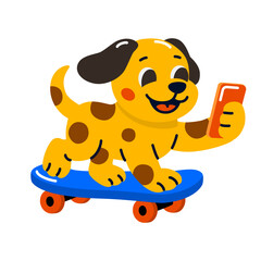 Happy cartoon dog riding a skateboard and holding a smartphone, playful character symbolizing youth, energy, and digital lifestyle. Vector illustration.