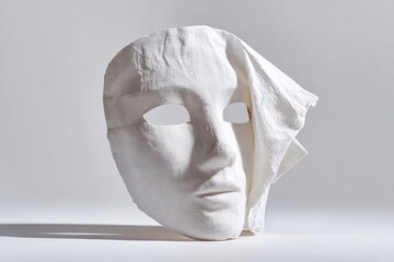 White theatrical mask with draped fabric, symbolizing emotion and identity in artistic expression