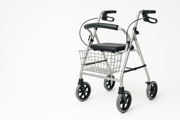 Aluminum rollator walker featuring adjustable handle and comfortable seat for improved mobility. concept of independence, elderly care, accessibility, copy space, white background