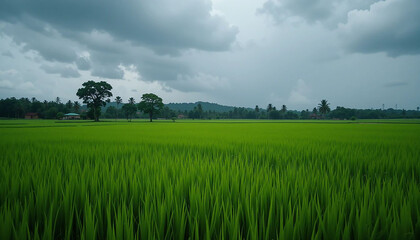 Fototapeta premium Panorama Green rice field with mountain background at Pa Pong Piang Terraces Chiang Mai, Thailand