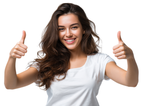 Thumbs Up: A portrait of a young woman, radiating positivity, as she enthusiastically offers a double thumbs-up gesture, embodying approval and agreement. 