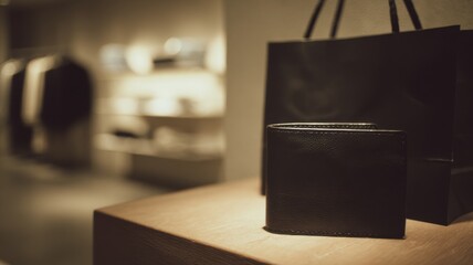 Black leather wallet with textured surface on light wooden table, upright black shopping bag with handles, soft blurred background of clothing store with hanging garments and illuminated shelves, 