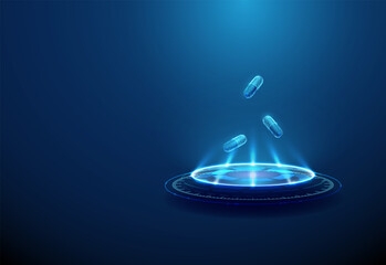 Medical capsules on futuristic podium. Pharmaceutical drugs, personalized medicine, biotech therapy, nanomedicine concept.