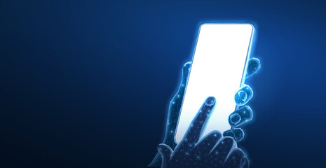 Mobile phone. Abstract polygonal wireframe closeup mobile phone with blank white empty screen in holding man hand and fingers.