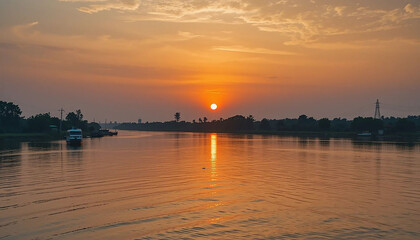 Naklejka premium Sunrise over a misty tropical river, reflecting the golden light.