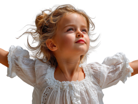 Child's Dream: A young girl with flowing hair, arms outstretched, gazes upward in a moment of wonder and limitless dreams, evoking a sense of innocence and limitless potential.