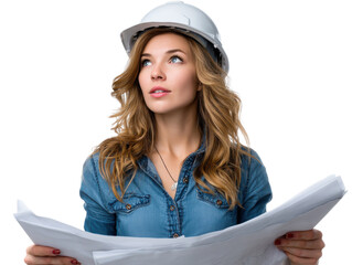 Architect's Vision: A skilled female architect examines blueprints, her gaze filled with focus and her hard hat signifying professional expertise.