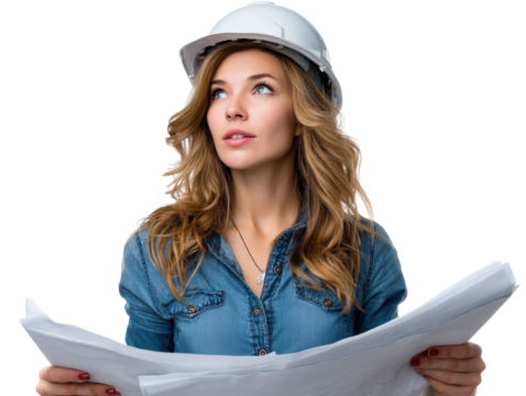 Architect's Vision: A skilled female architect examines blueprints, her gaze filled with focus and her hard hat signifying professional expertise.