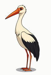 A charming and friendly cartoon illustration of a graceful white stork, a beautiful character perfect for children's books, nursery art, or baby shower themes.
