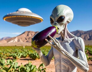 Funny Cartoon Alien Licking Giant Eggplant Emoji – Humorous Sci-Fi Pop Art Illustration