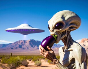 Funny Cartoon Alien Licking Giant Eggplant Emoji – Humorous Sci-Fi Pop Art Illustration