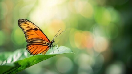 Obraz premium Orange butterfly perched on a leaf, bathed in sunlight. Blurred green background