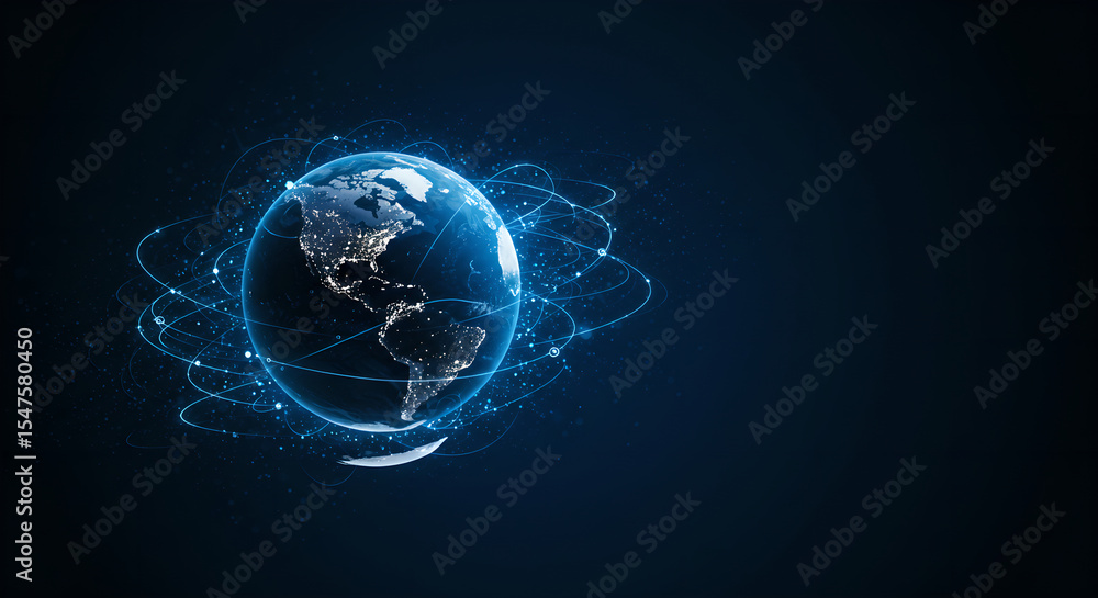 Poster digital earth with global network connectivity. world map with glowing light cities. international i