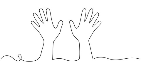 Hands up, raised up volunteering, audiences and teamwork continuous one line drawing. Graphic illustration, Hands Raised Continuous Line Icon for Volunteer, Togetherness topics, Human hands reaching