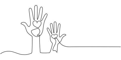 Hands up, raised up volunteering, audiences and teamwork continuous one line drawing. Graphic illustration, Hands Raised Continuous Line Icon for Volunteer, Togetherness topics, Human hands reaching