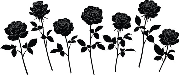 Black Rose Silhouette Vector Set, Floral Stem Collection, Botanical Line Art, Isolated Nature Illustration, Romantic Bloom Clipart, Decorative Flower Icons for Design © Biplob Creatives