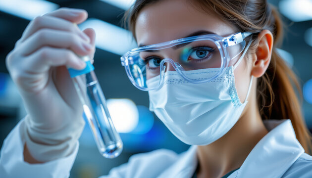 Female scientist wearing protective glasses and mask holding test tube with liquid in laboratory focused on research - Powered by Adobe