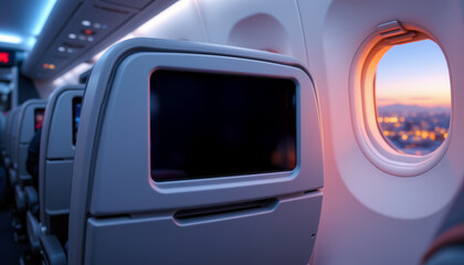 Airplane interior with seatback screen and window showing sunset city view, modern travel comfort and technology