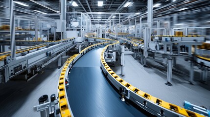 Fototapeta premium Automated Conveyor Belt System with Cardboard Boxes in Industrial Packaging Facility