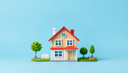 Miniature house with red roof and green trees on blue background, cozy home concept with bright colors and neat design