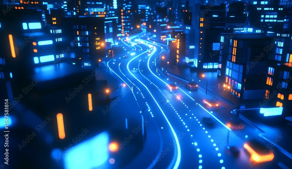 Poster a futuristic cityscape with digital roads and glowing data streams, representing the integration of 