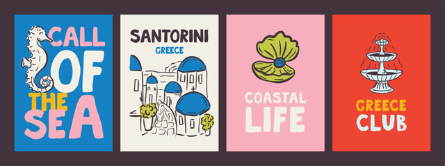 Whimsical hand drawn summer poster and postcard template in trendy hand drawn style. Perfect doodle for greece italian  restaurant and cafe, kitchen wall art, poster, party, birthday, sign