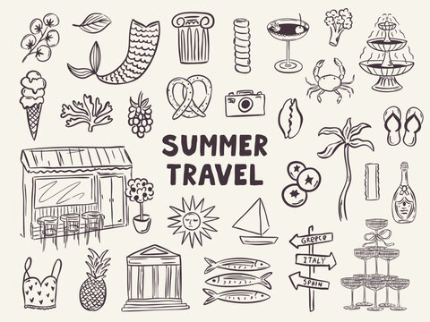 Whimsical hand drawn summer illustrations in trendy hand drawn style. Perfect doodle for quirky italian greece wedding  poster, dinner and bar menu, bachelorette party, birthday invitation, sign