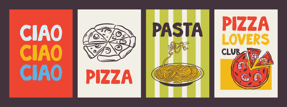 Whimsical hand drawn summer poster and postcard template in trendy hand drawn style. Perfect doodle for greece italian restaurant and cafe, kitchen wall art, poster, party, birthday, sign