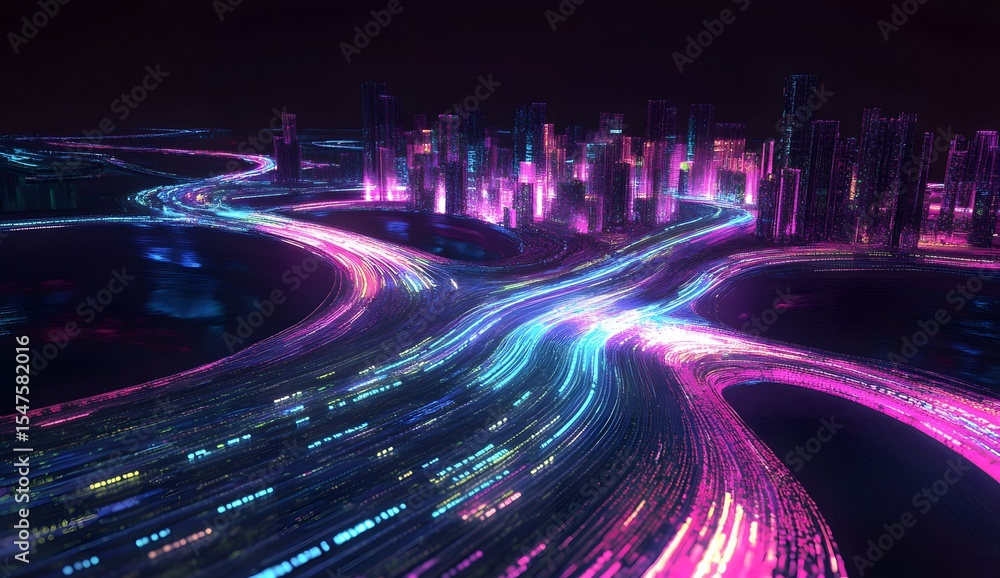 Poster a futuristic cityscape with digital roads and glowing data streams, representing the integration of 