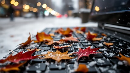 Snowy Winter Scene Autumn Leaves Laptop Keyboard Red Orange Yellow Snowflakes City Background