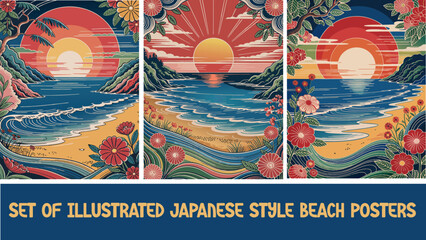 Set of illustrated japanese style beach posters flyers prints