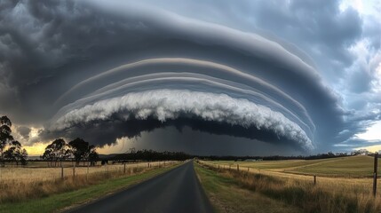 Dramatic storm clouds over a country road and flat farmland