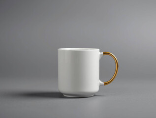 Obraz premium a minimalist style photograph of a ceramic coffee mug placed against a neutral gray background. The mug is predominantly white with a smooth, glossy finish
