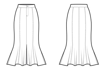 Flared Maxi Skirt with Front Center Slit-  Front and Back View- Fashion Technical Illustration - Denim Skirt CAD Mock-up