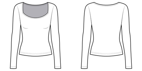 Women's Round Neck Long Sleeve Slim Fit- Technical Illustration-Front and Back View- Cad/ Vector Illustration