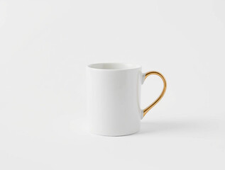 Fototapeta premium a minimalist style photograph of a ceramic coffee mug placed against a neutral gray background. The mug is predominantly white with a smooth, glossy finish