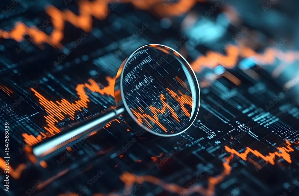 Poster illustration of a magnifying glass over an upward-trending graph with financial charts and stock mar