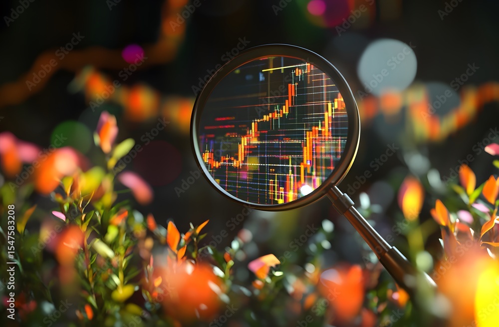 Aufkleber illustration of a magnifying glass over an upward-trending graph with financial charts and stock mar