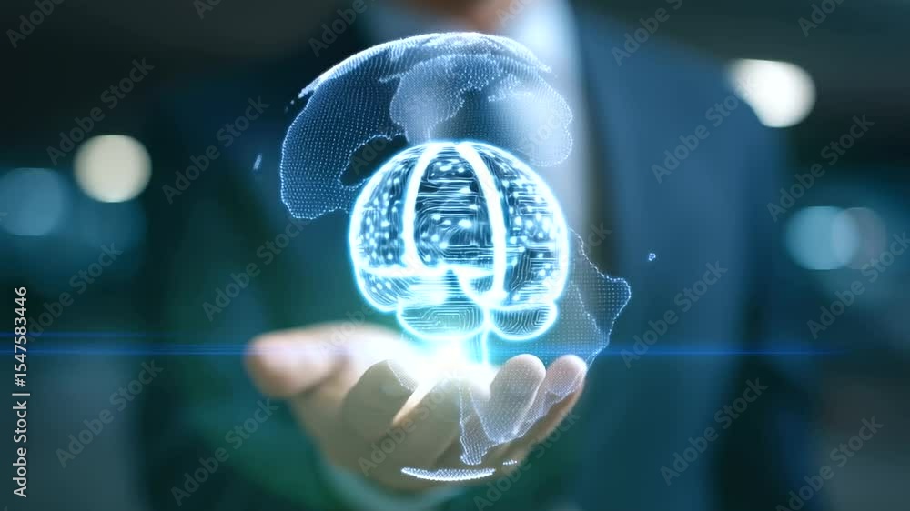 Poster a businessman presents an ai brain circuit amidst a complex big data network.