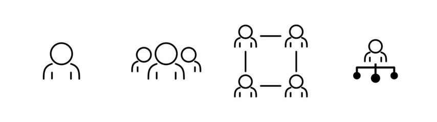 User and team icons, Group network symbol set, People connection icons, Organization structure symbols, Line user interface graphics, Flat team management icons, Vector illustration.