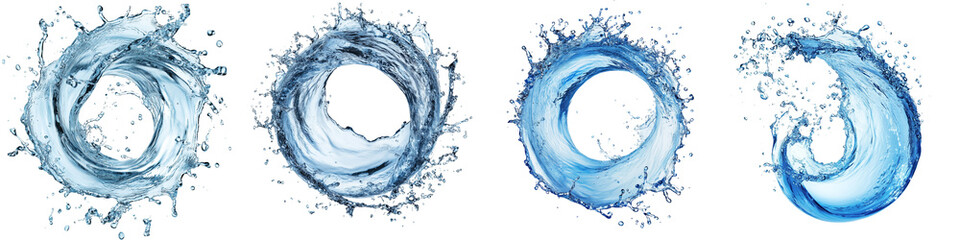 Realistic splash of liquid water forming swirl, transparent

